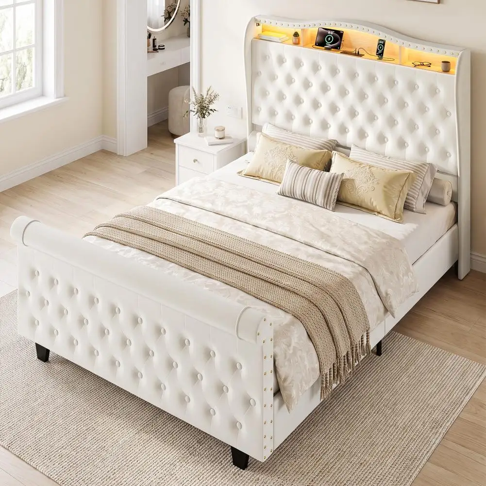 Bedstead, Velvet Upholstered Bed Frame with LED Light, Built-in Charging Station, Storage Space, No Mattress, 220cmx160cmx130cm