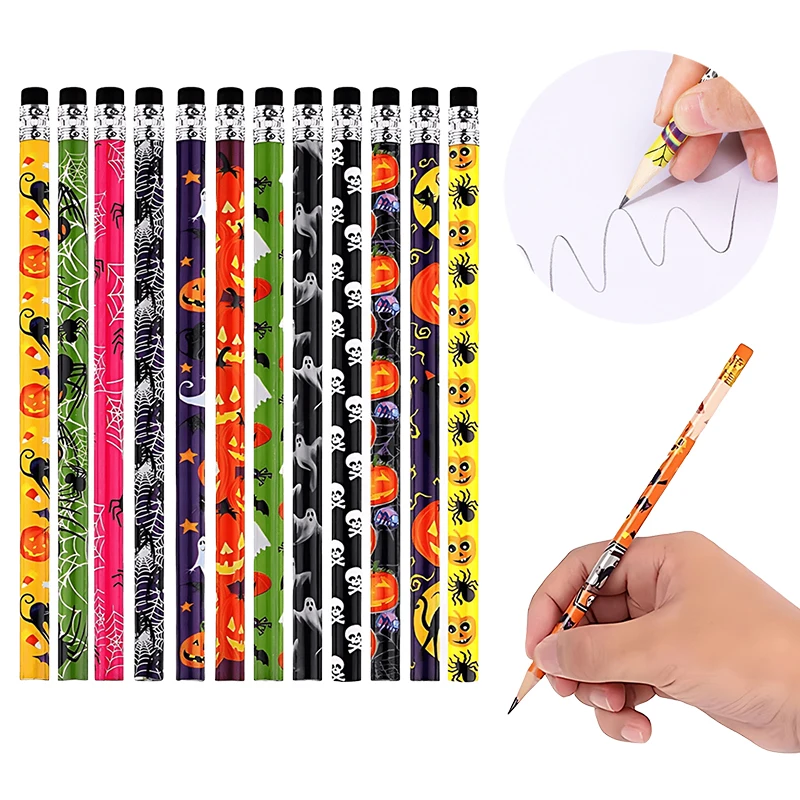 12/24/36PCS Halloween Pencils with Assorted Spooky Prints Random Colors Pumpkin Ghost Bats Skulls Festive Writing Stationery ZYF