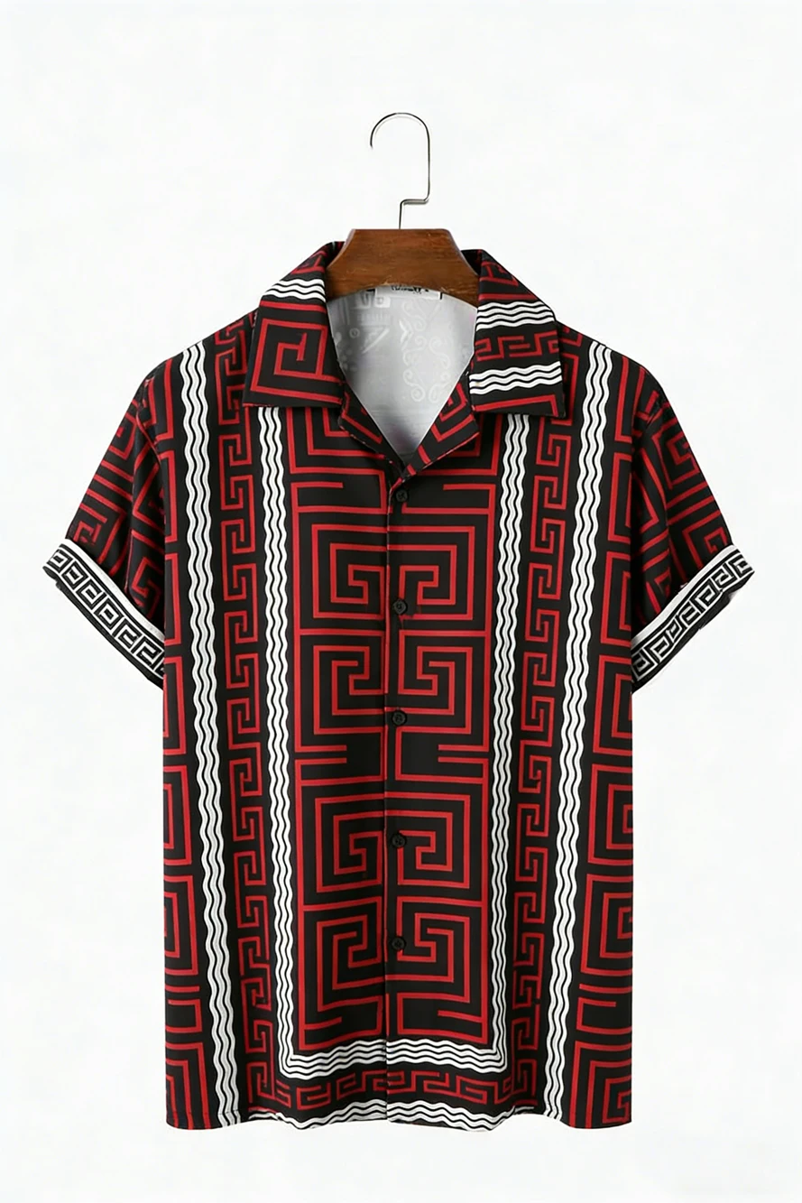 Summer Thin Red and Black Contrasting Ethnic Style Geometric Totem Full Printed Shirt for Men, Retro Wave Triangle Pattern Shirt