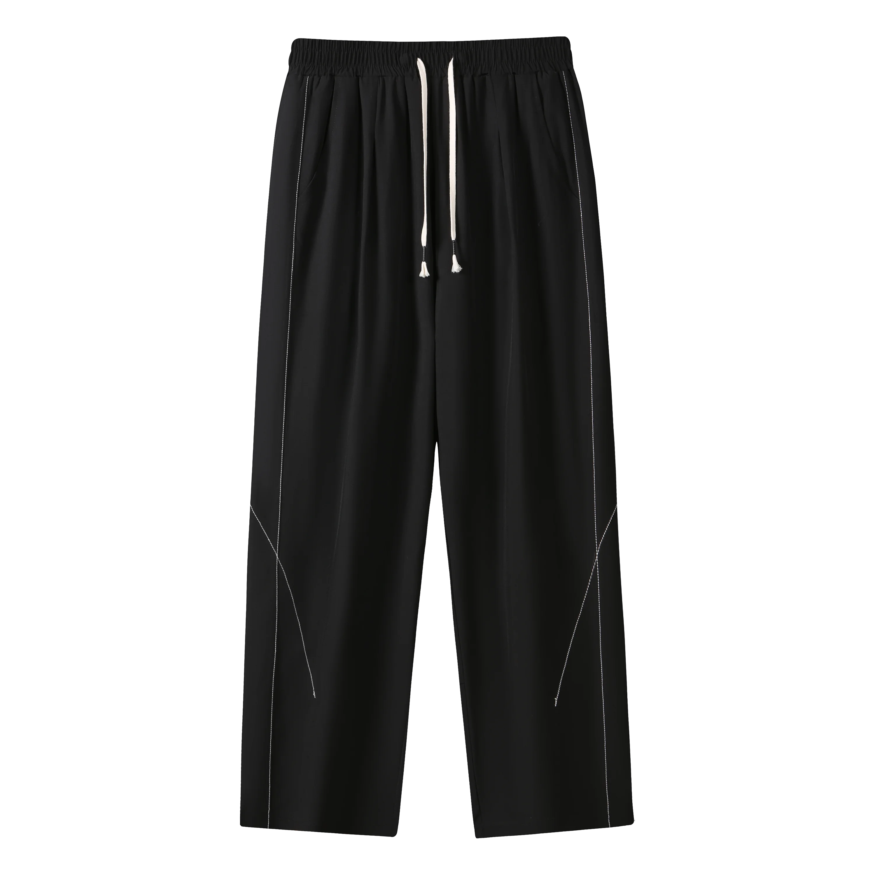 

Мужские брюки с контрастной строчкой и широкими штанинами – свободные повседневные брюки с эластичным поясом на шнурке