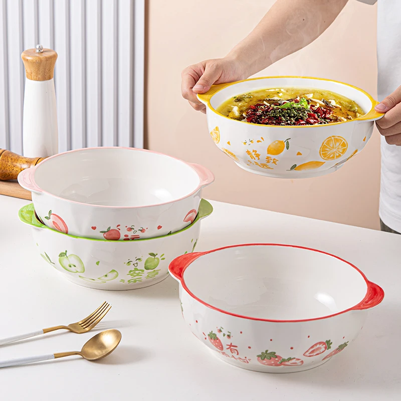 

Большая фарфоровая миска с двумя ручками, подглазурная, для домашнего использования, столовый набор, миска для спагетти, миска для лапши быстрого приготовления, миска для супа