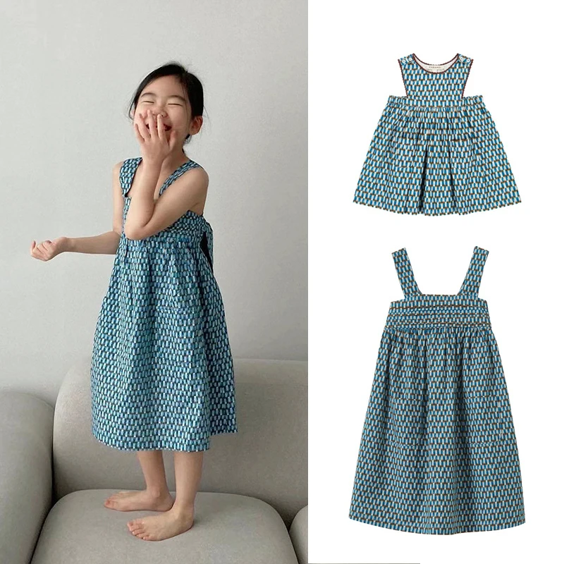 

Sleeveless Dress 23 Summer CBC Blue Flower Series Children's Suspender Dress Children's Wear Big Bow Sleeveless Skirt