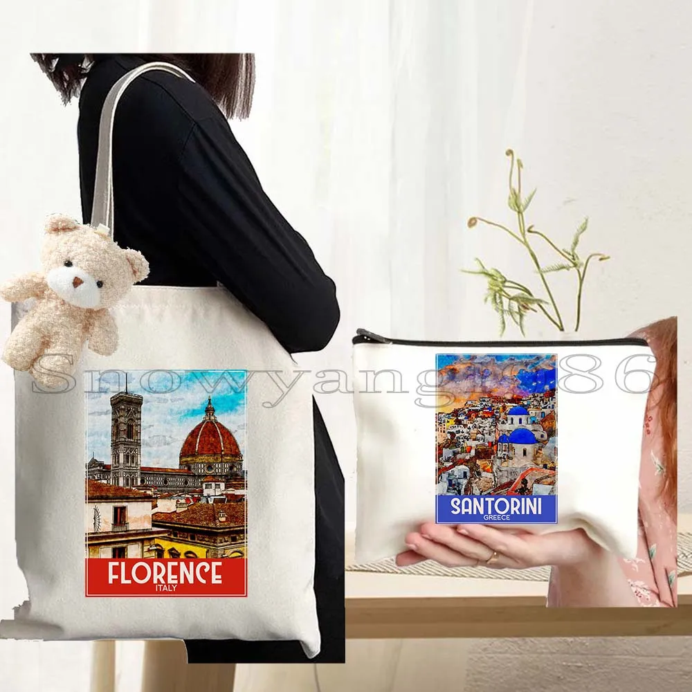 

3pcs London Pisa Kyiv Rome Santorini Amsterdam Athens Berlin Boston Dubai Dublin Florence Watercolor Canvas Tote Bag Handbag