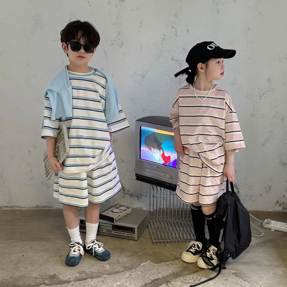 

Kids Girl 2PCS Clothes Set Cotton Stripe Little Girl Short Sleeves+shorts Outfit Casual Korean SummerChildren Sibling Look Suit