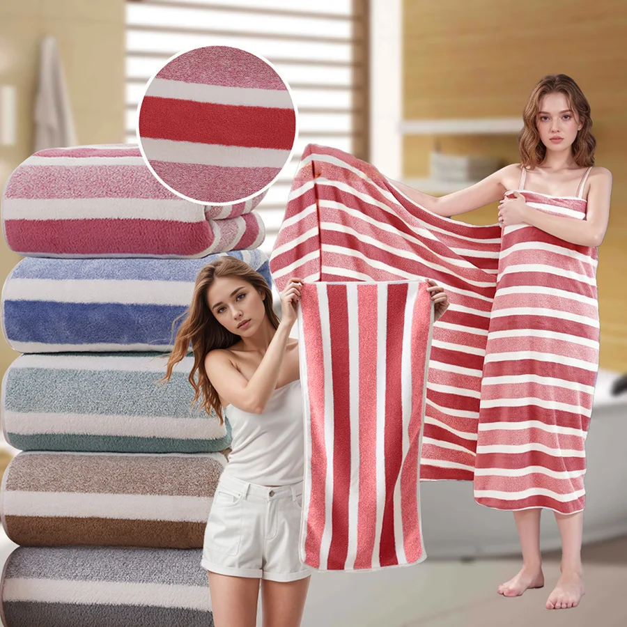 

2PCS Large Coral Fleece Towel Set, Soft and Absorbent Adult Shower Towel Contemporary Striped, Quick-Dry, Perfect for Bathroom