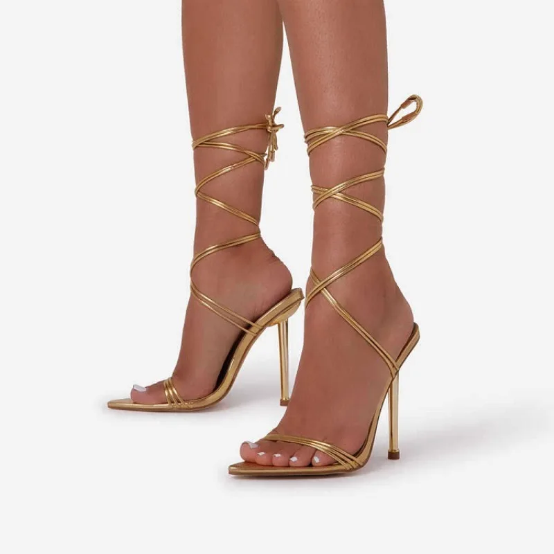 Estate 12CM sandali con tacco gladiatore per le donne moda scarpe da sposa con spalline a punta aperta con lacci a spillo da donna nero rosso
