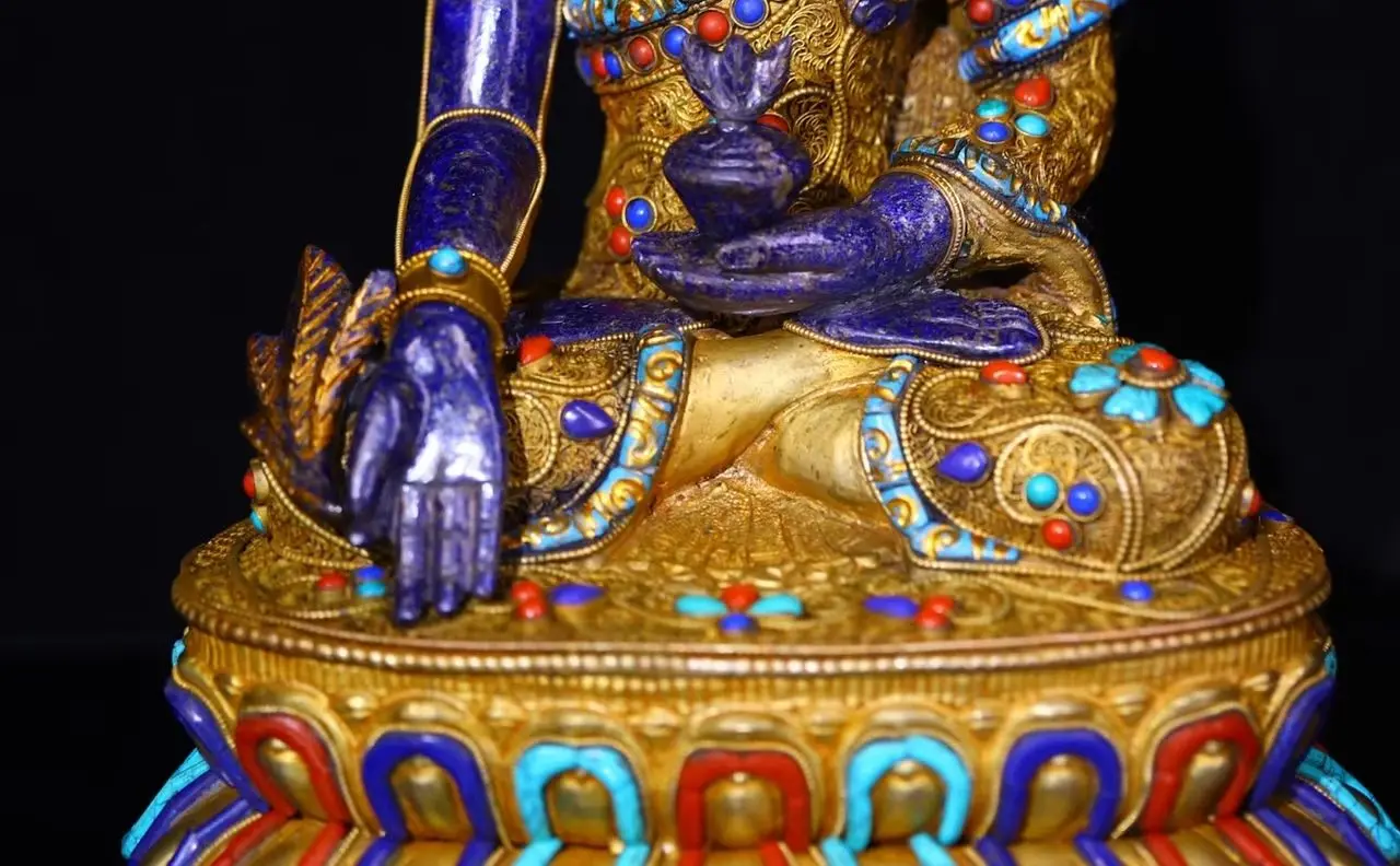 folk Old Natural lapis lazuli Tibetan silver Gilded Mosaic Gem Bhaisajyaguru Medicine Buddha Worship Hall