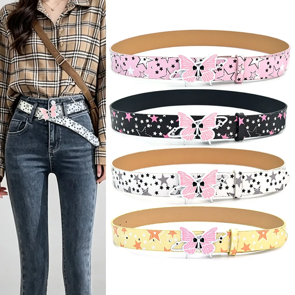 Adjustable Length PU Women Belt Star Pattern Alloy Waist Strap Butterfly Buckle Y2K Style Dress Belt Jean Matching