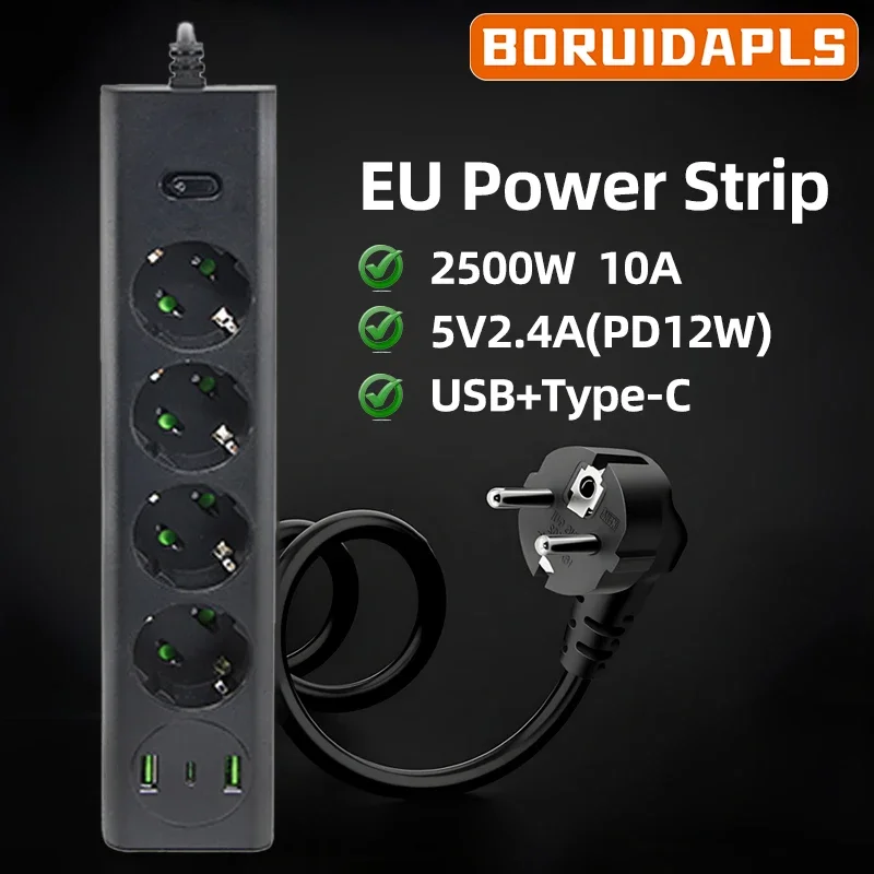 

BORUIDAPLS EU/KR/RU multifunctional power board 10A 2500W USB Type-C adaptive fast charging socket 2M extension cable