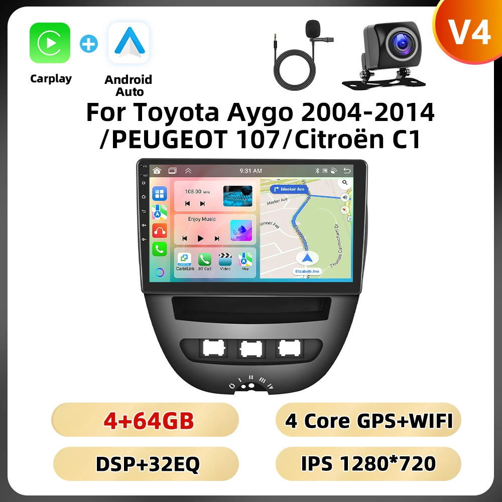 Podofo 10.1 ''8Core Autoradio Voor Toyota Aygo 2004-2014/PEUGEOT 107/Citroën C1 multimedia Speler Carplay Android Auto GPS WIFI