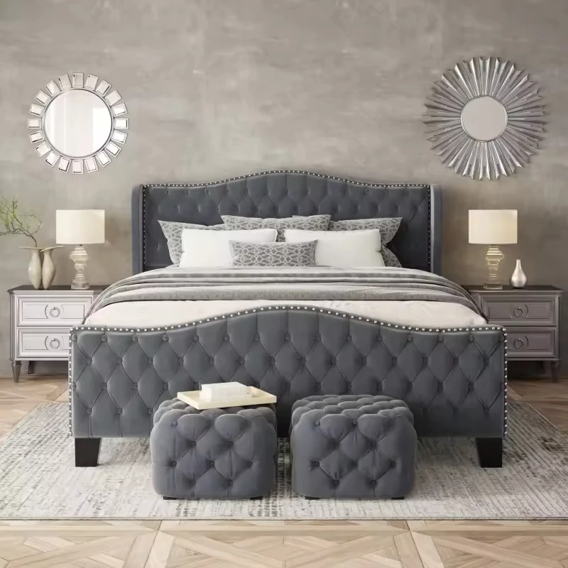 

!@Athome Modern Contemporary 180x200 cm Grey Fabric Upholstered Ellipse Soft Bed Set Bedroom Furniture Turkey