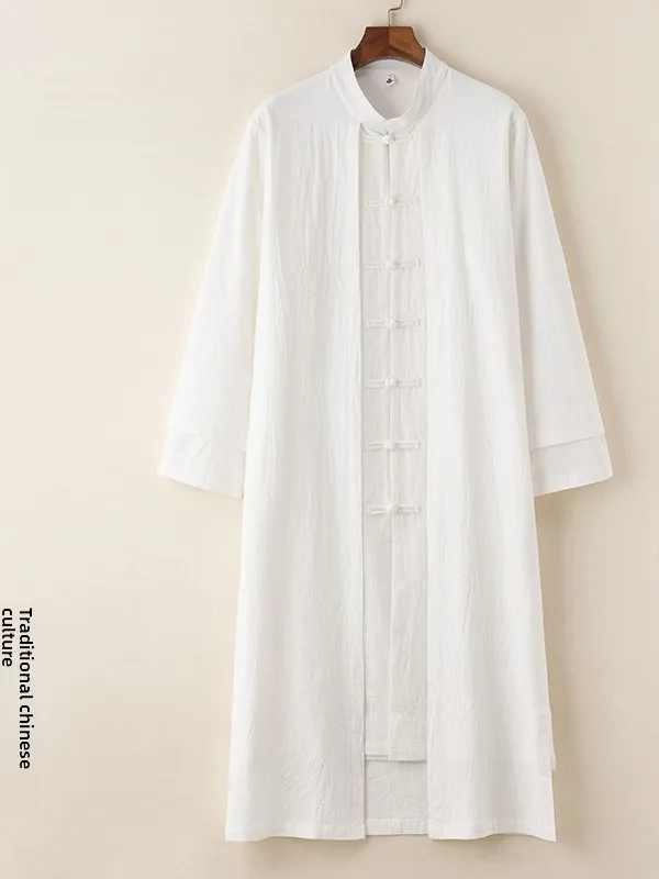 

Ретро-китайское длинное пальто из хлопка и льна с воротником-стойкой, в стиле тан, повседневная молодежная одежда, универсальный размер