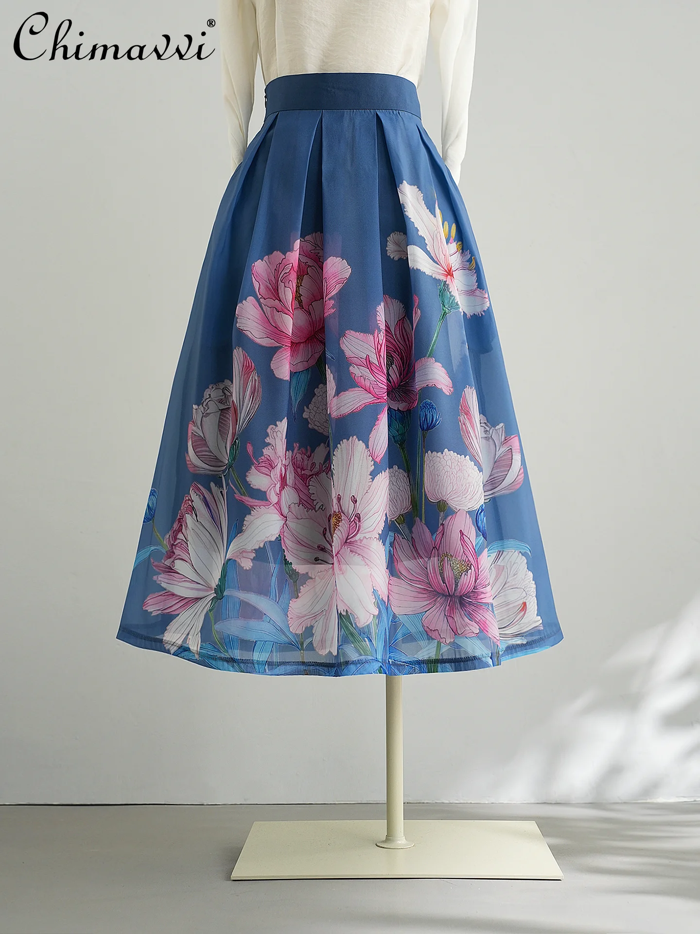 

French Elegant Temperament Fashion Printing Long Skirt High Waist A-line Versatile Blue Pleated Skirts for Women Summer 2026