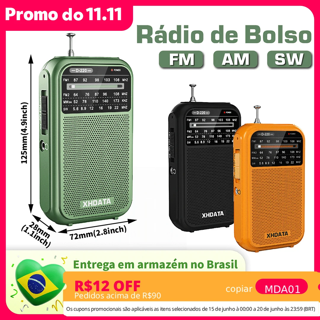 XHDATA D-220 Rádio Vintage Retro Portátil FM OM OC 4 Bandas Rádio Digital DSP Alta Sensibilidade Rádio de Bolso para Viagem, Casa e Uso Exterior