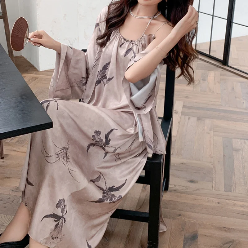 

New Chinese Style Female Nighty&Robe Set Long Nightgown Spring Summer Satin Sleepwear Kimono Bathrobe Gown Casual Satin Homewear