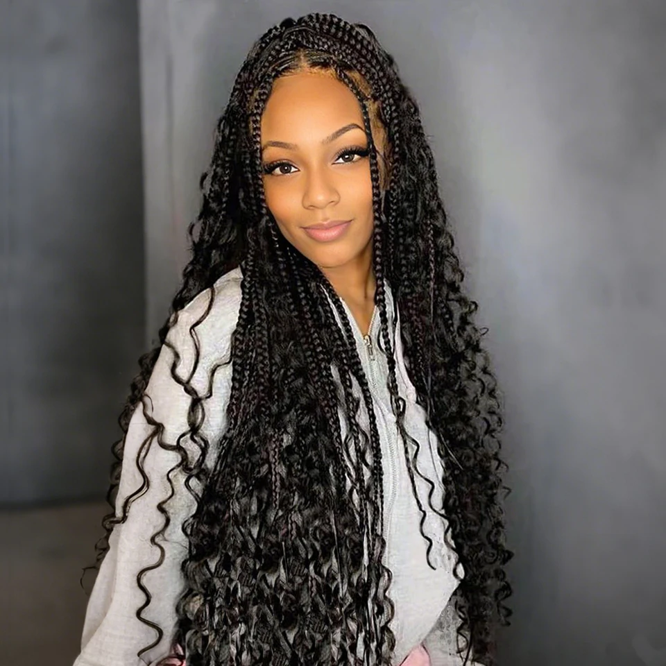 

24 18 14 дюймов Boho Box Braids Вязаные крючком волосы Вьющиеся концы Богемная богиня Box Braids Вязаные крючком волосы для чернокожих женщин Синтетические волосы