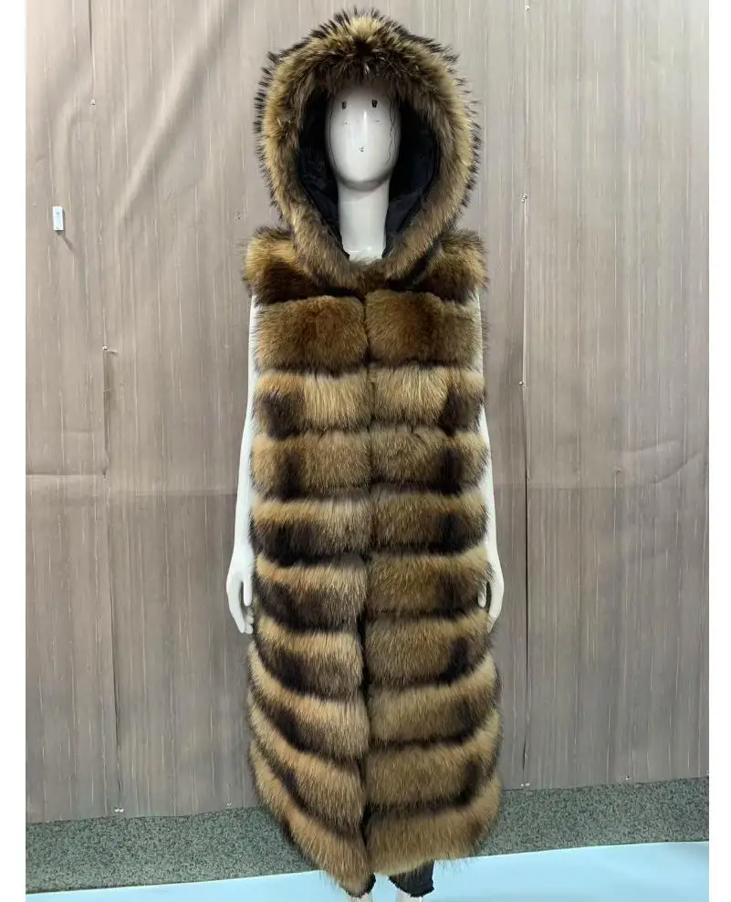 

Women's natural raccoon skin vest, adjustable length, with hood, long vest, autumn and winter, warm and thick