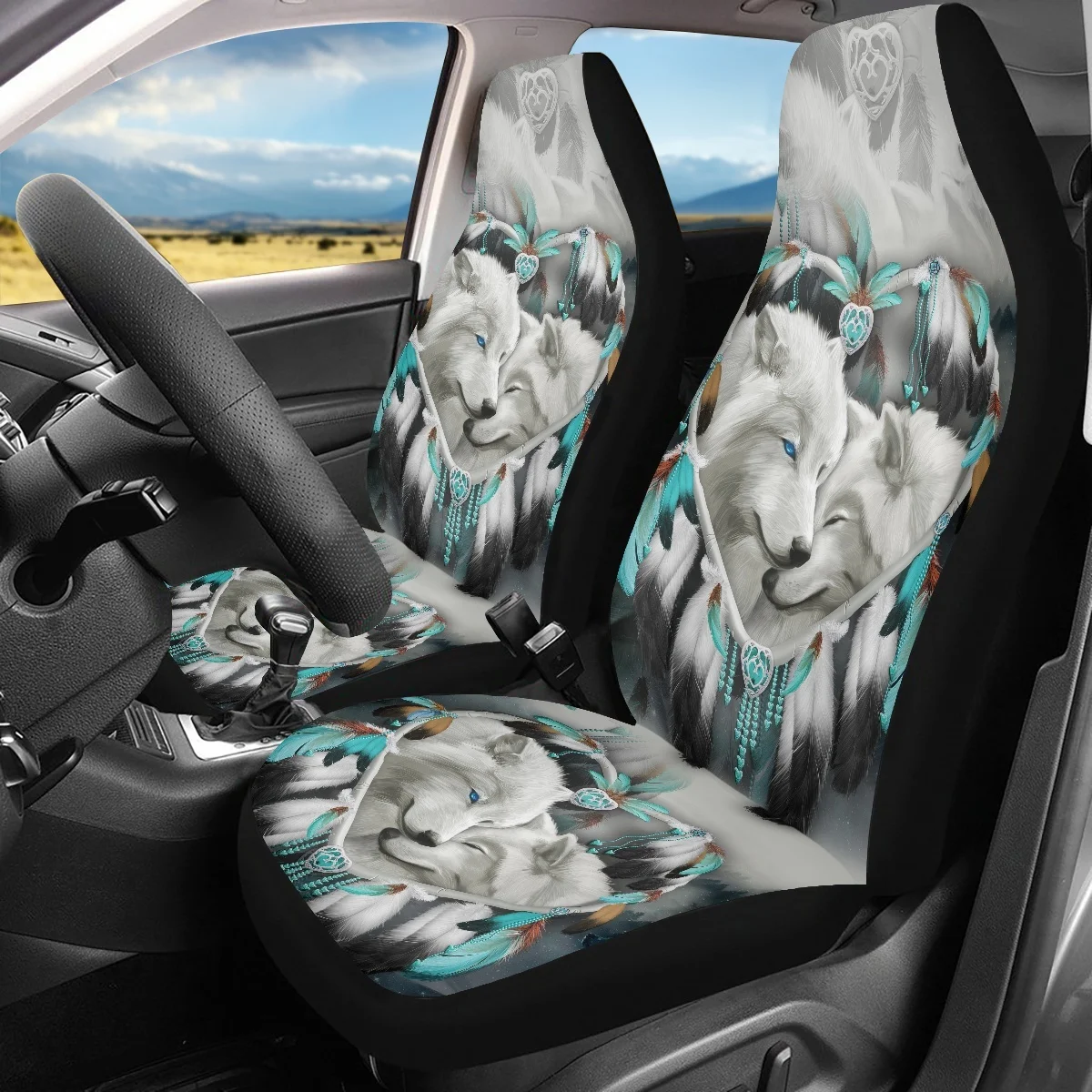 2Pcs Car Accessories Snow Wolf Dream Catcher Feather Design Car Seat Covers Set for Women Men Polyester Cloth Comfort Material