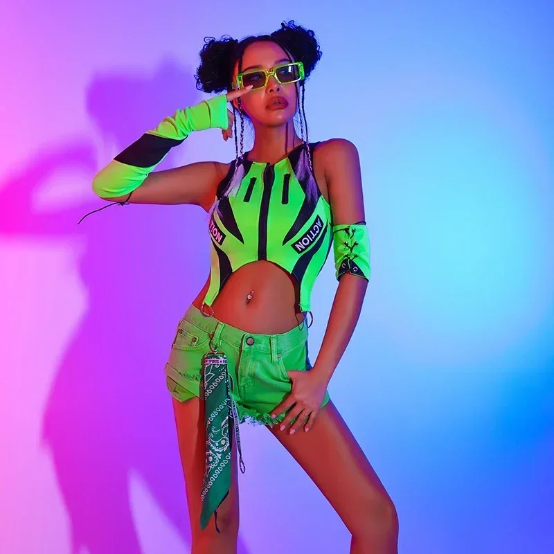 

New Fluorescent Green Tops Black Shorts Kpop Outfits For Girls Group Jazz Dance Costumes Pole Dance Rave Clothes