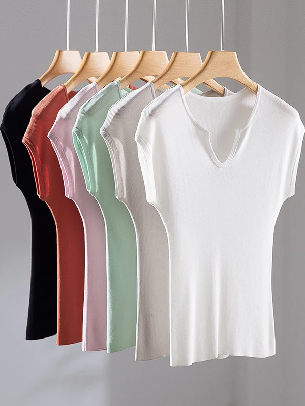 

Женская трикотажная футболка с коротким рукавом, облегающая, с V-образным вырезом и воротником-сердечком, летняя, новая, белая, премиум-класса, для повседневной носки