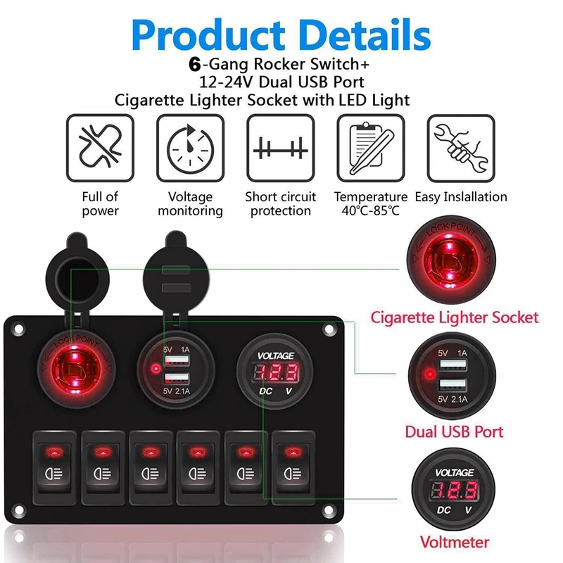 6 Gang Rocker Switch Panel ON/OFF Lights Dual USB Ports Car Marine Circuit Breaker DC 12V/24V LED Digital Voltmeter