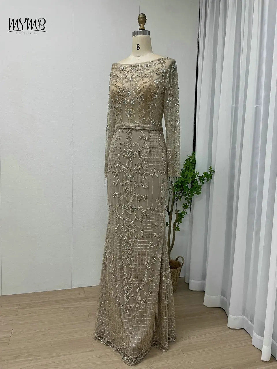 MYMB Dubai Caramel Scoop Neck Long Sleeves Evening Wedding Guest Dresses Elegant Mermaid Beaded Party Gowns vestidos de fiesta