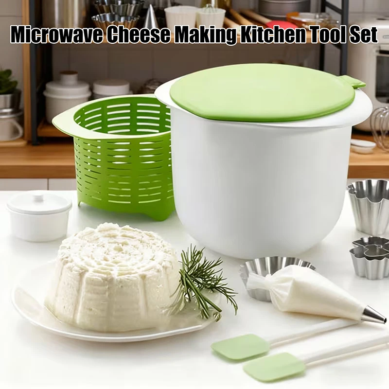 Kit completo para hacer queso con juego de moldes, prensa para tofu, filtro de drenaje, máquina para hacer queso en microondas y moldes verdes para queso para la cocina