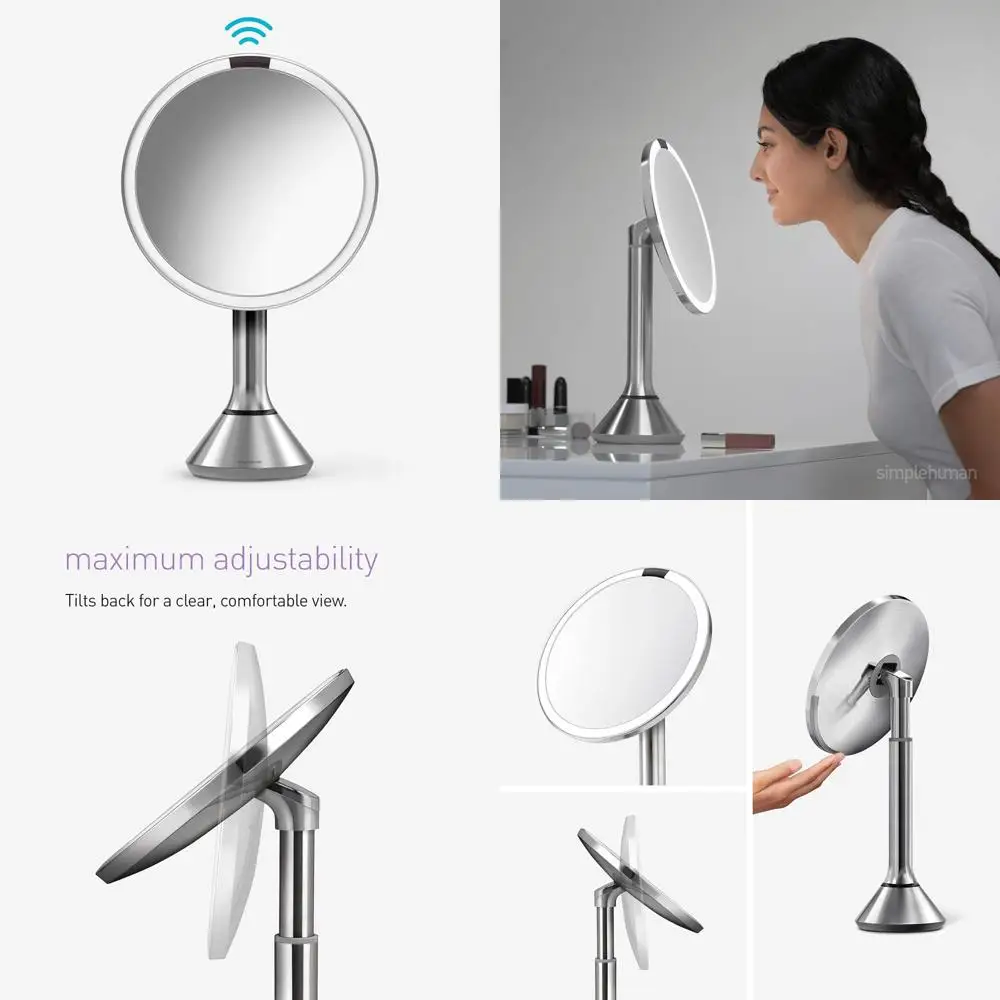 

Перезаряжаемое беспроводное круглое зеркало для макияжа с 5-кратным увеличением, сенсорным управлением, двойной подсветкой и отделкой из матовой нержавеющей стали