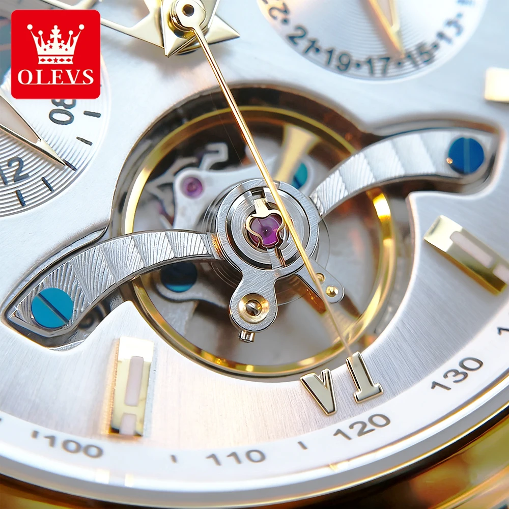 ساعات رجال الأعمال OLEVS من الفولاذ المقاوم للصدأ موضة أصلية ساعة يد ميكانيكية أوتوماتيكية مقاومة للماء تقويم مرحلة القمر جديد