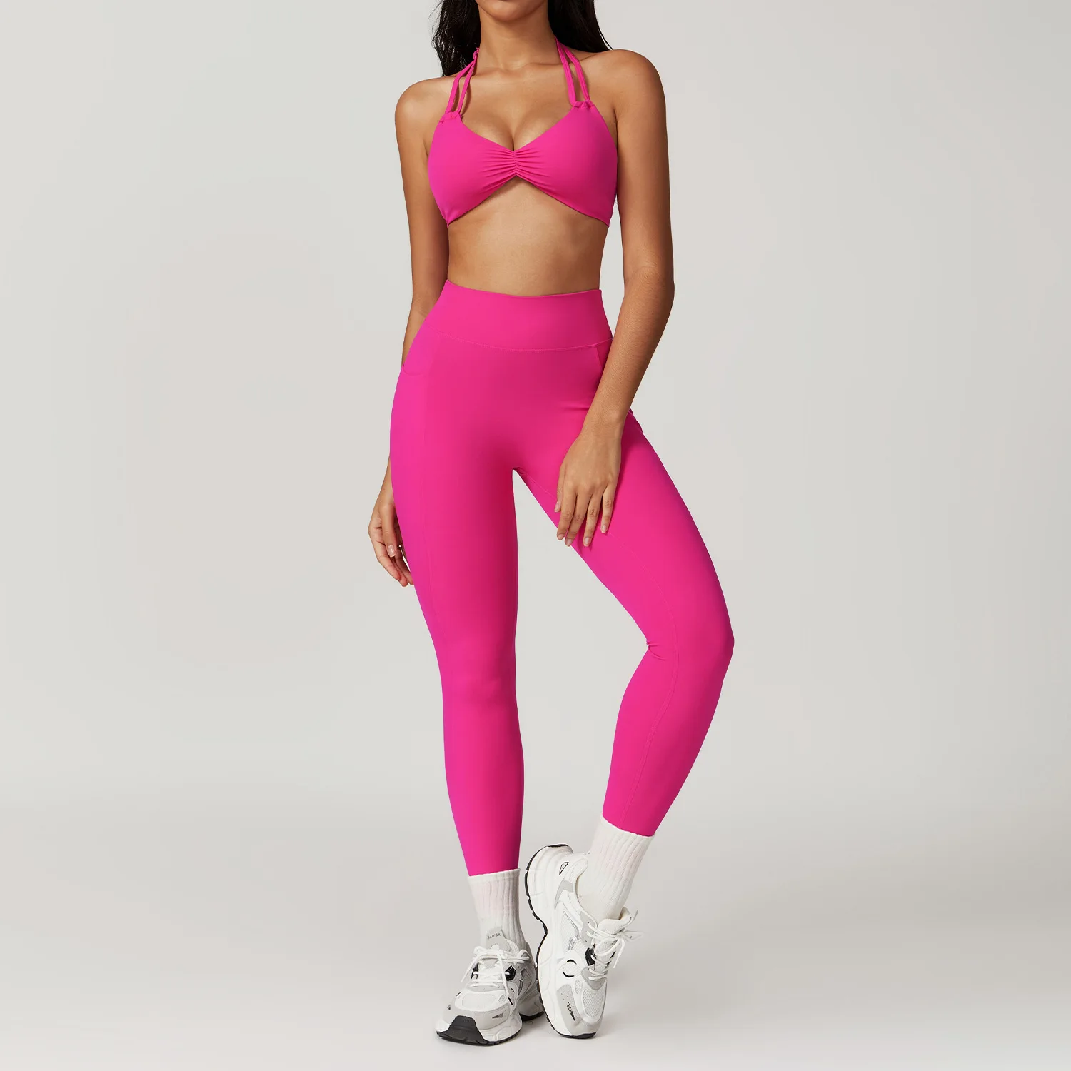 MODITIN-Conjunto de gimnasio para mujer, sujetador Sexy fruncido, Tops de cintura alta, Leggings de Fitness con bolsillos, secado rápido, ropa de Yoga cómoda, 2024