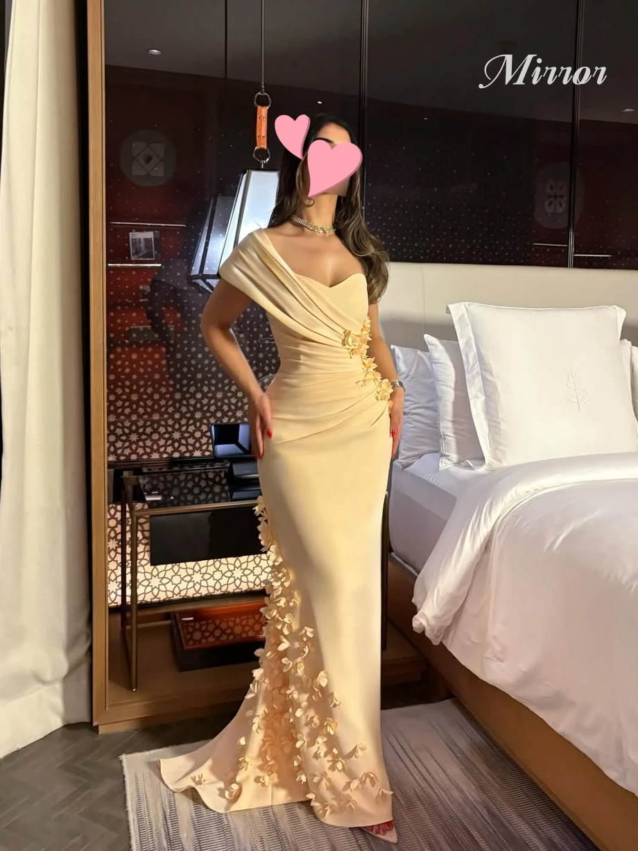 

Mirror Dress Elegant Vintage Sweet Yellow Mermaid Flowers Asymmetrical Customize Formal Occasion Prom Dress Evening Party Gowns