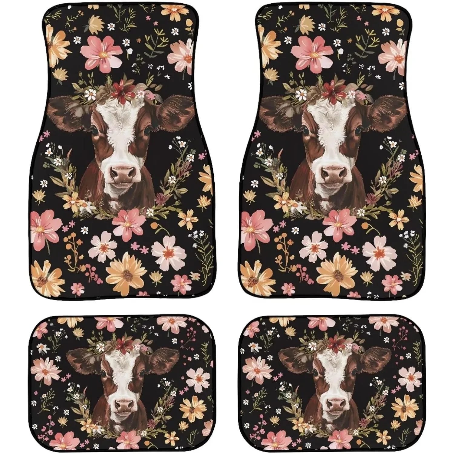 4pcs Set Cow Floral Car Floor Mats, Universal Car Floor Mats, Car Interior Decoration Car Additions