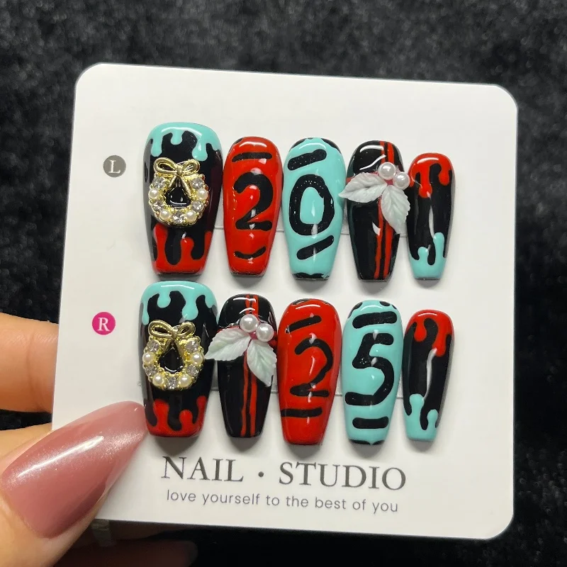 

10 шт., красный градиент, французский пресс для ногтей, ручная работа, синий номер с жемчугом, средний гроб, накладные ногти, сладкий бант, носимый маникюр