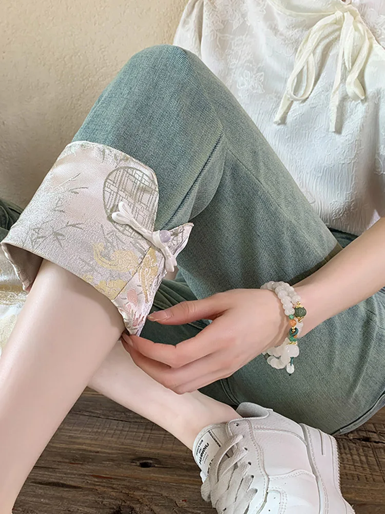 

Прямые джинсы с высокой талией, женские весенне-летние модные утягивающие девятиточечные джинсы из смеси хлопка и полиэстера с вышивкой