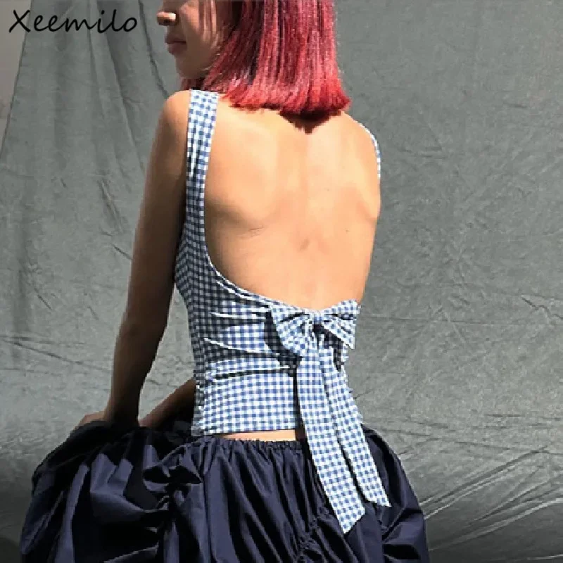 

New Korean Fashion Bow Backless Tank Top 2025 Casual Streetwear Plaid Print Sleeveless Crop Tops Summer Slim Fashion Corsets