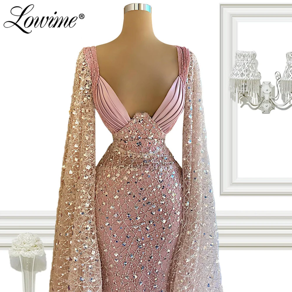 Dubai Design Cape Sleeves Long Evening Dresses Sequined Pink Ceremony Party Dress For Weddings 2022 Customize Prom Dresses Robes