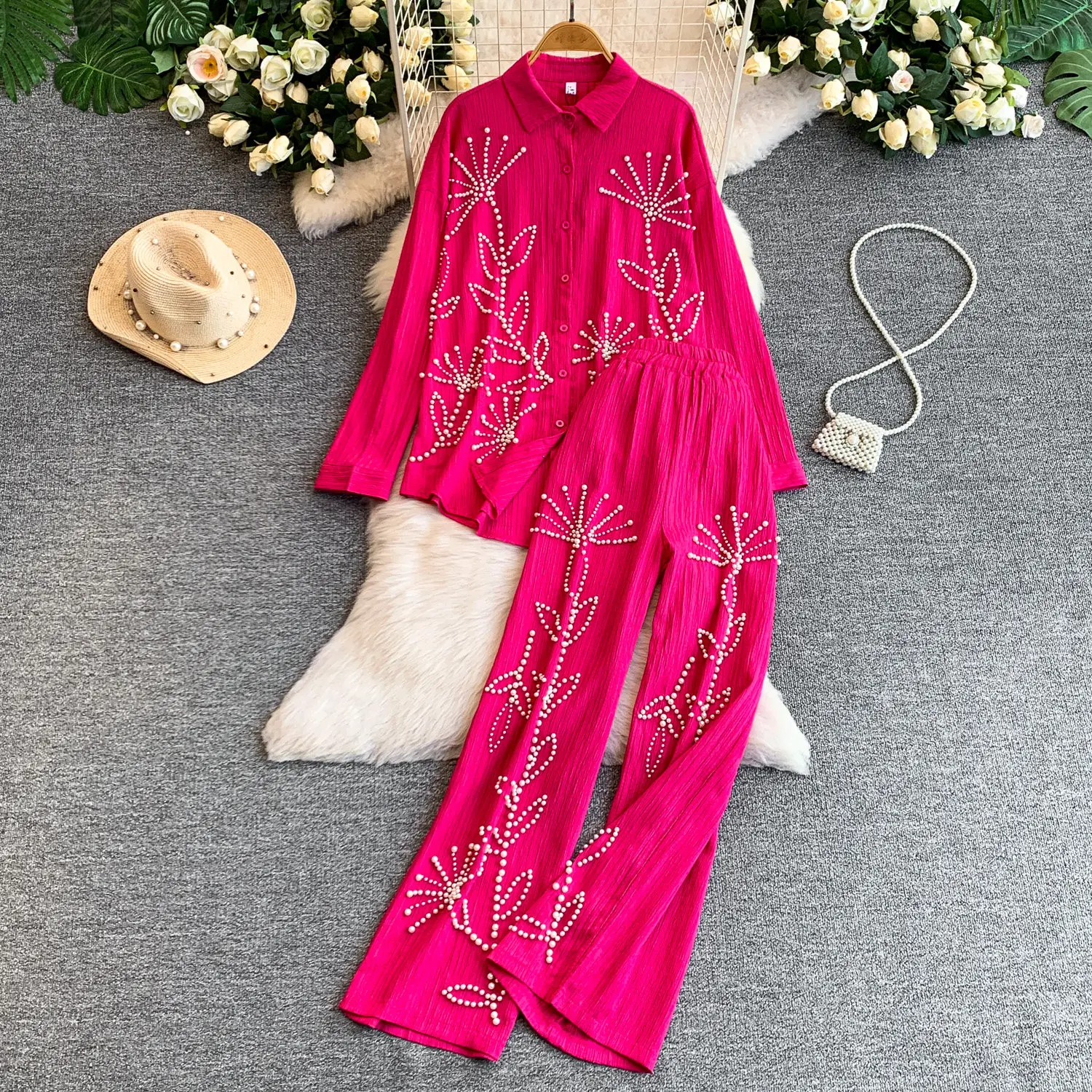 

SuperAen Korean Style Loose Print Embroidered Flares Long-sleeve Tops Design Casual High-waisted Wide-leg Pants Sets