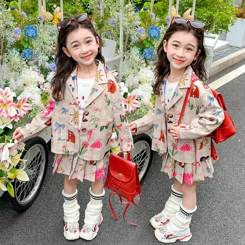 Girls' Suit Autumn New 2025 Little Girl Plaid Printed Suit Jacket + Pleated Skirt Two-piece Set  Kids Clothes Girls 2-8 Years