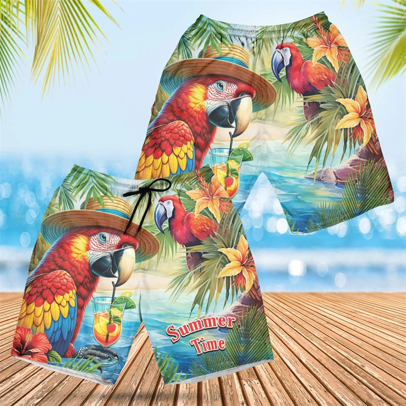 Summer Time Parrot Graphic Beach Shorts Casual Hawaiian Flamingo Animal Short Pants For Men Clothes Hip Hop Y2k Kids Trunks