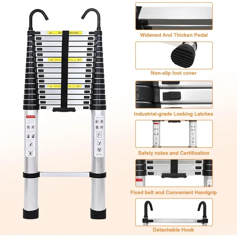 Aluminum Telescoping Ladder 20.3FT 6.2M Extension Tall Loft Ladder with Hooks Slow Down Design Extendable Ladders Portable