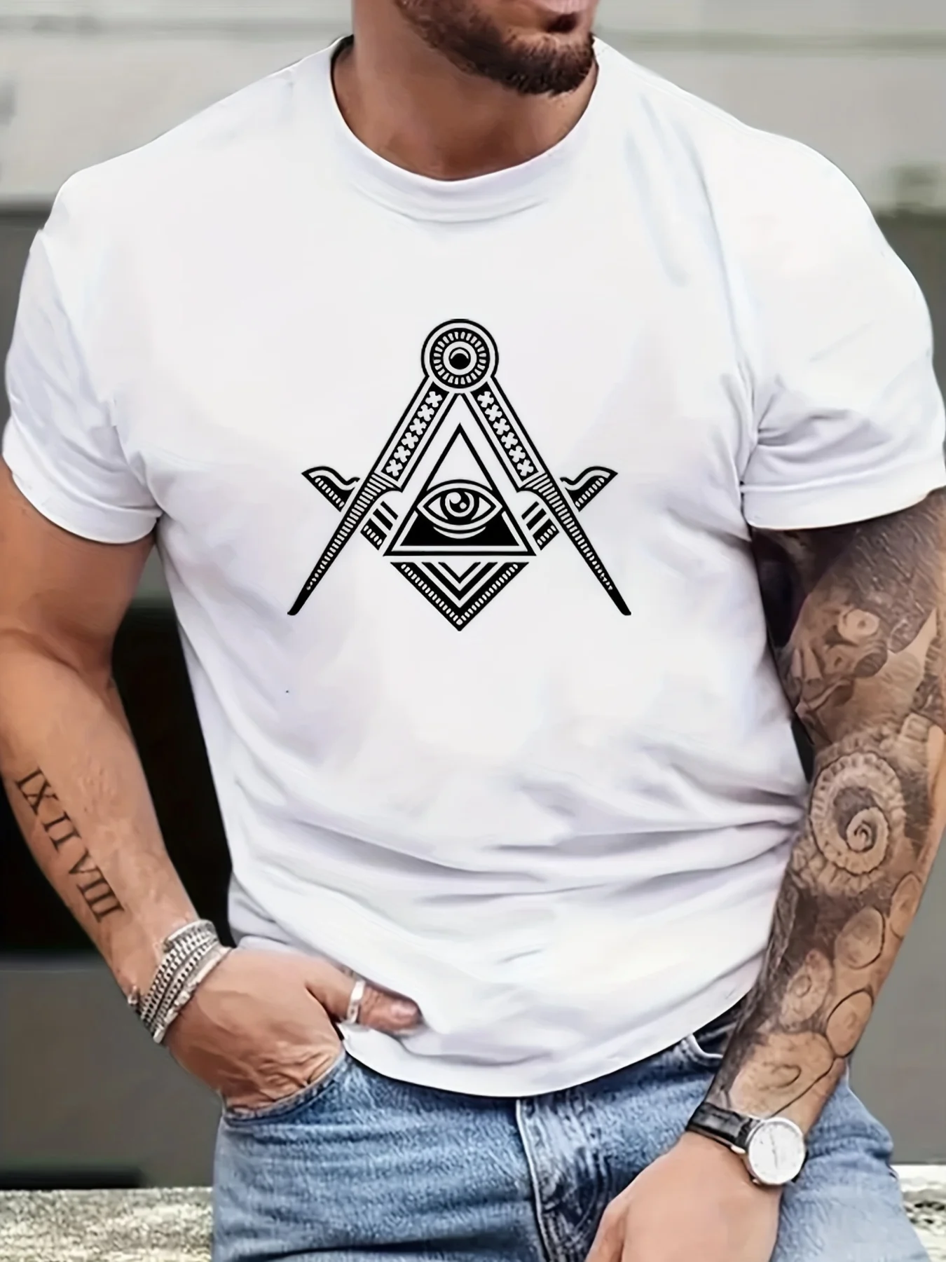 تي شيرت رجالي إبداعي مطبوع عليه رسومات هندسية بأكمام قصيرة ورقبة دائرية ملابس رجالي للصيف في الهواء الطلق #2