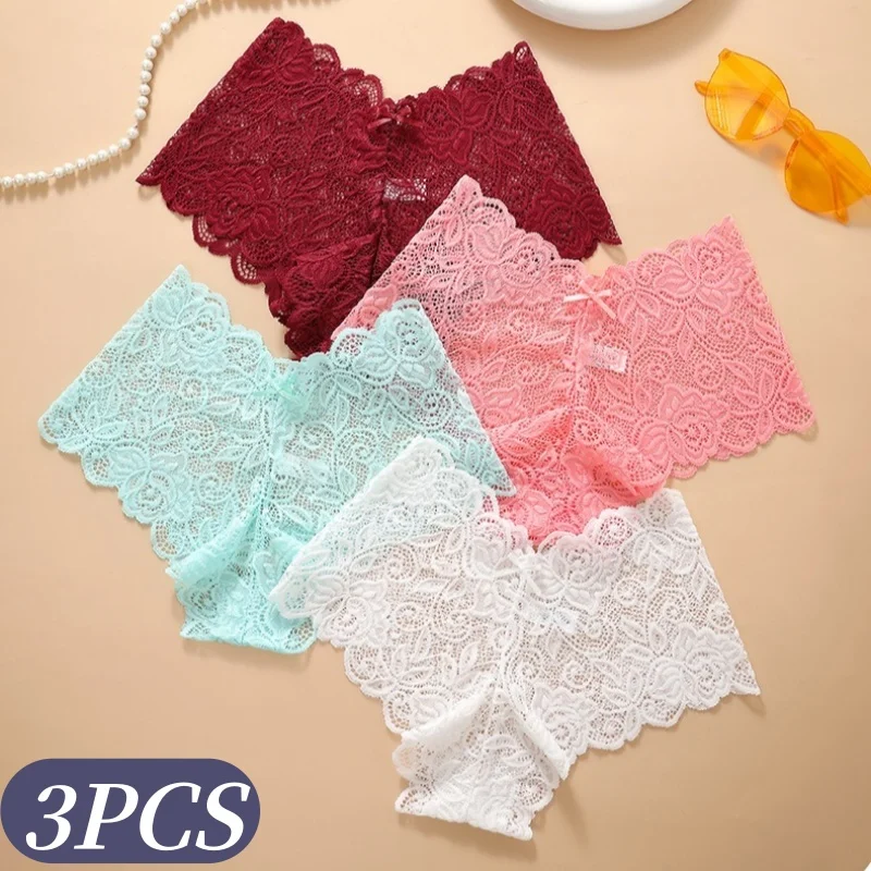 3-teiliges Set Damen Blumen-Spitzen-Boyshorts Sexy Unterwäsche Ausgehöhlte Einfarbige Slips Weibliche Niedriggeschnittene Atmungsaktive Sexy Lingerie