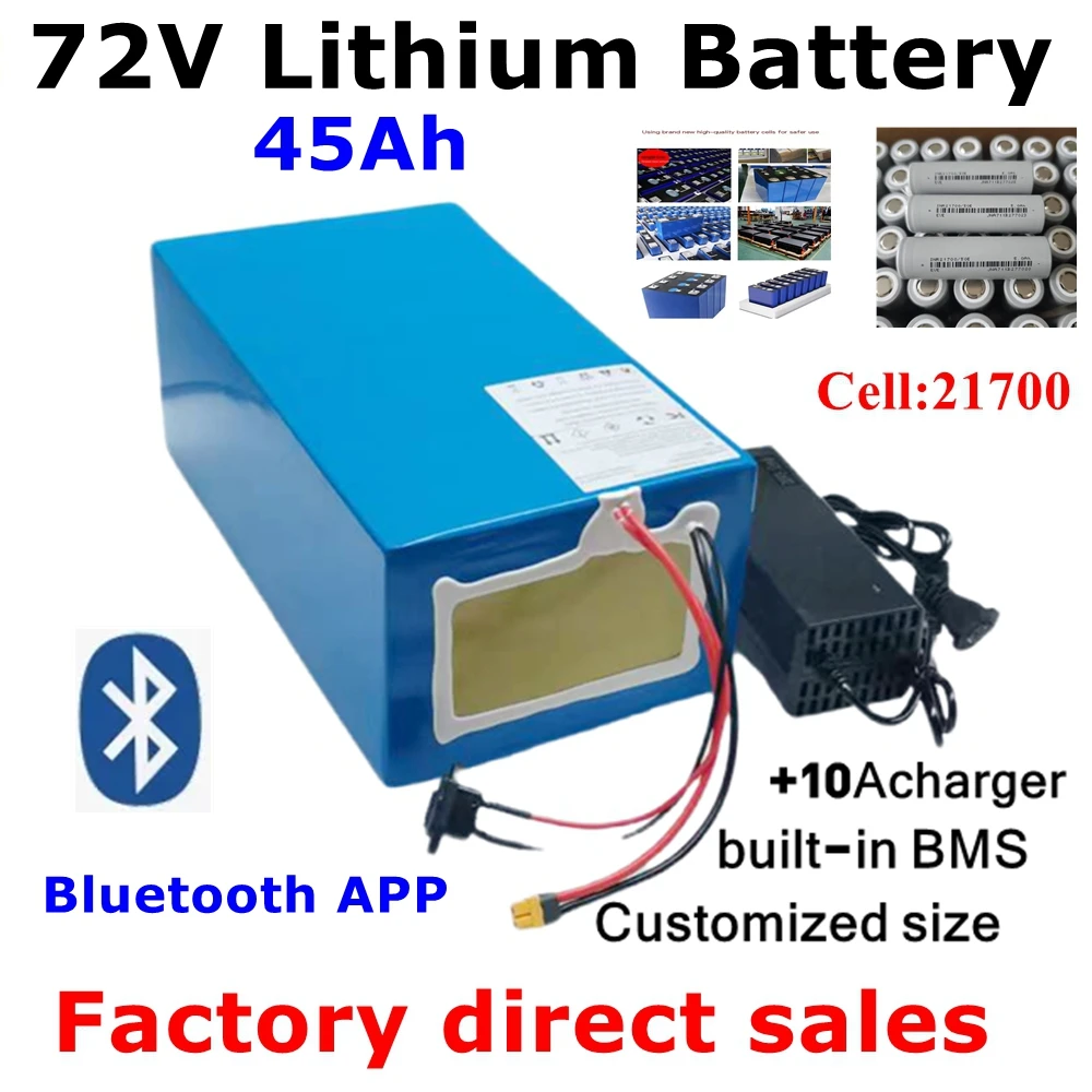 Batterie lithium-ion, 72V, 45Ah, avec BMS bluetooth, pour tricycle, scooter, vélo, moto sicile, avec chargeur 10A, 3500/5000W