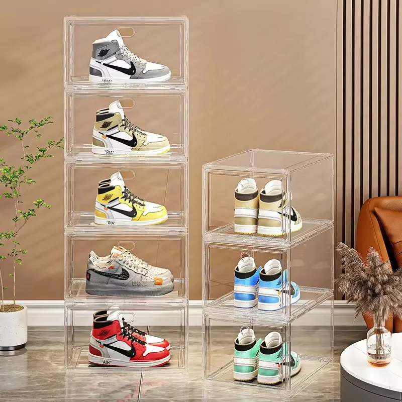 Clear Plastic Shoe Organizer Box with Magnetic Cover, Stackable and Reinforced for Multi-Level Sneaker Storage