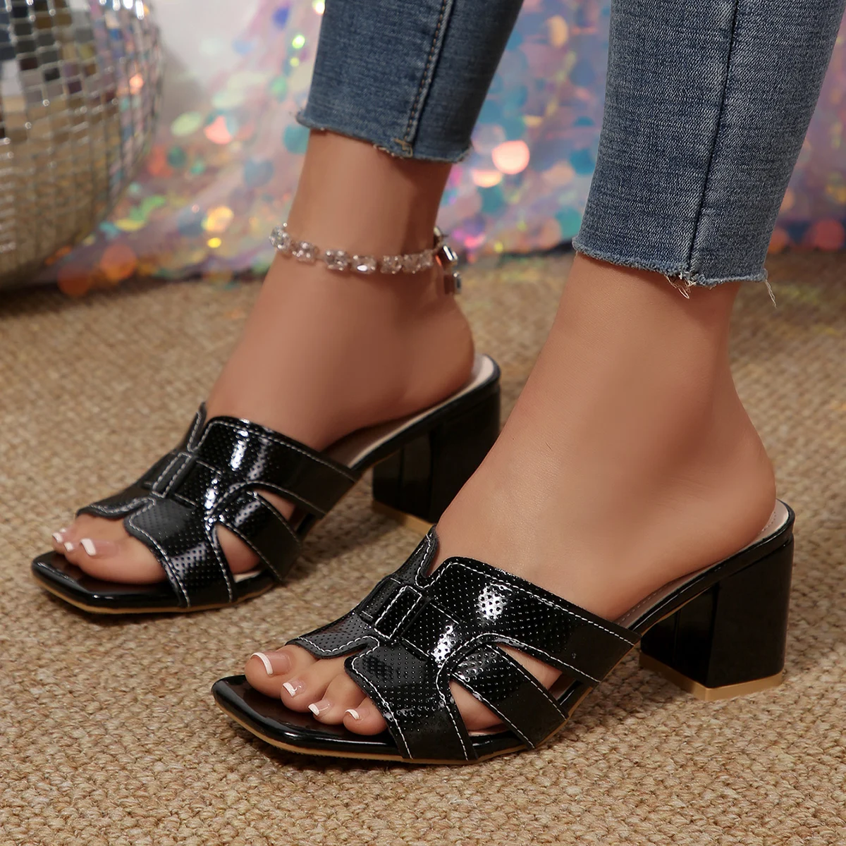 Women's Sandals Thick-heeled Fashion Square Toe High-heeled Slippers Summer New Elegant Solid Color Charm Word Drag Plus Size