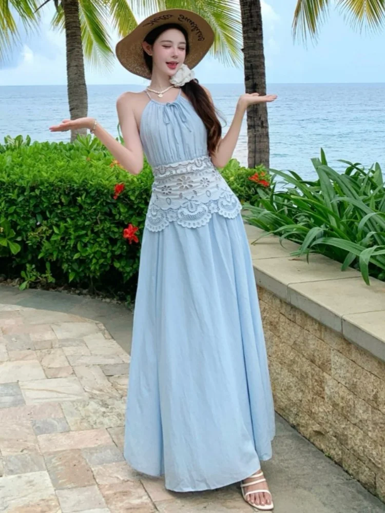 SMTHMA Vintage Embroidery Hollow Out High Waist Pleated Dress Women Sexy Sleeveless Long Dresses Summer Sexy Holidays Party Robe