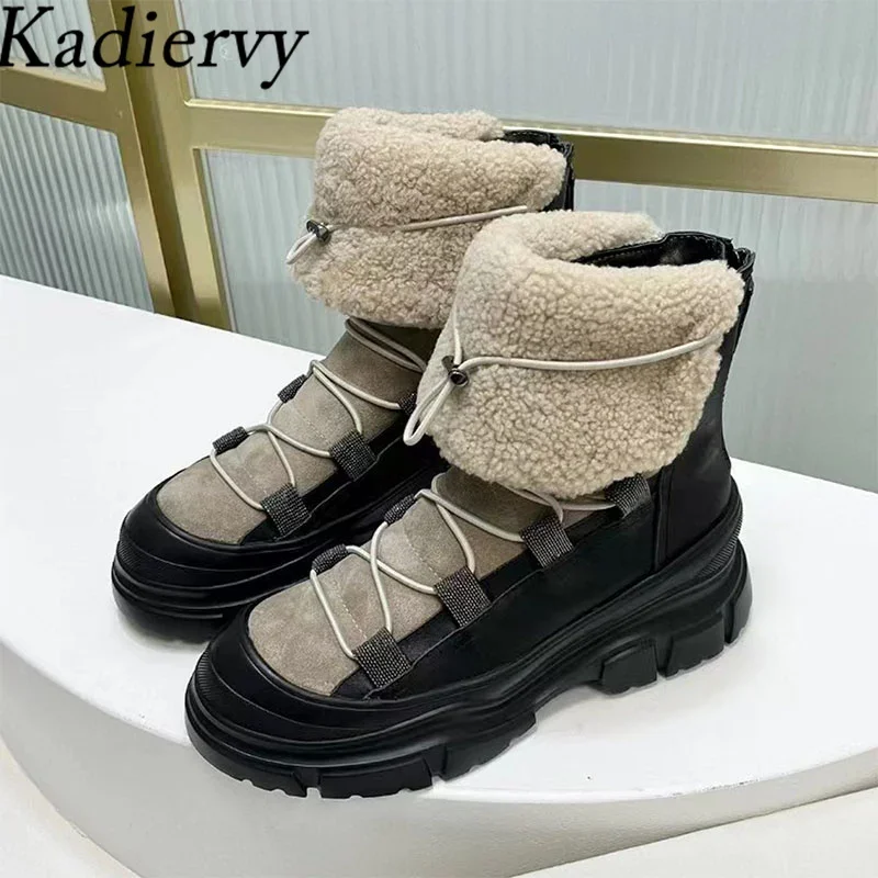 Luxury Fur Short Boots Woman Cross Lace Up Wool Warm Winter Shoes Woman String Bead Thick Sole Motorcycle Boots Women Botas