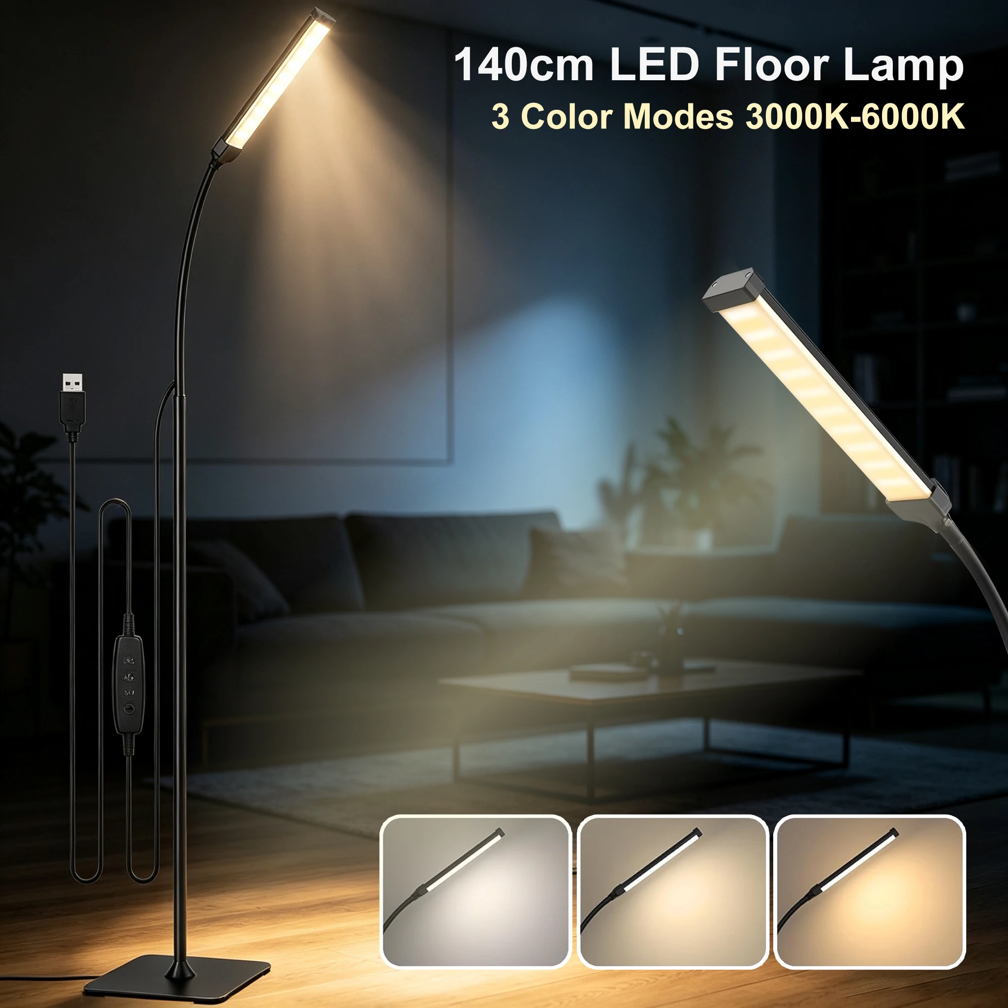 140 cm LED-Stehlampe für das Wohnzimmer, helle Leselampe für das Büro, 3 Farbmodi, 3000K-6000K, 10 Helligkeitsstufen, stufenlose Dimmung, flexibler Schwanenhals, verstellbare, augenschonende