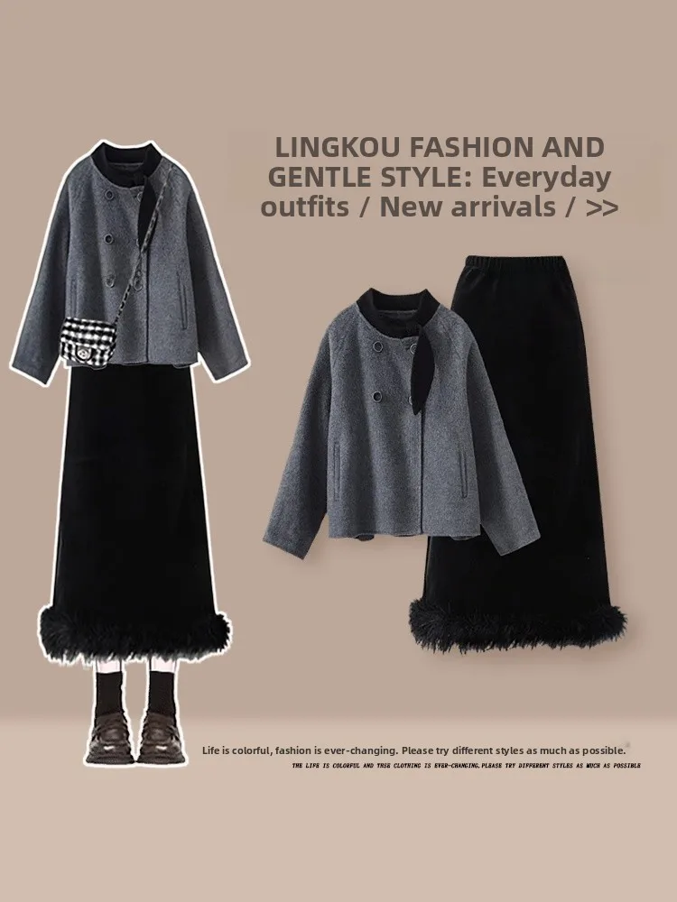 

Повседневный женский комплект с высокой талией больших размеров: модный осенний костюм-двойка с уникальной верхней одеждой и юбкой, скрывающей недостатки фигуры