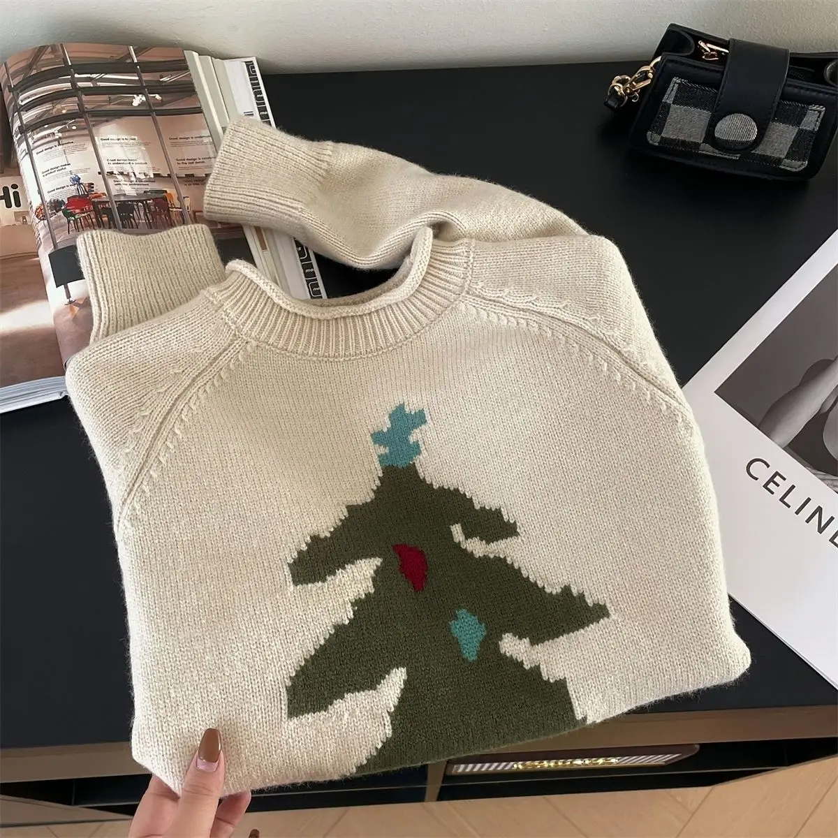 Корейская версия осенне-зимнего рождественского елки, милый свитер, вязаный свитер, пуловер с круглым вырезом, жаккардовый свободный топ с длинными рукавами